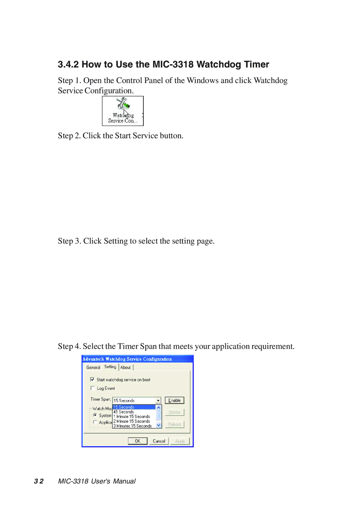 Advantech manual How to Use the MIC-3318 Watchdog Timer 