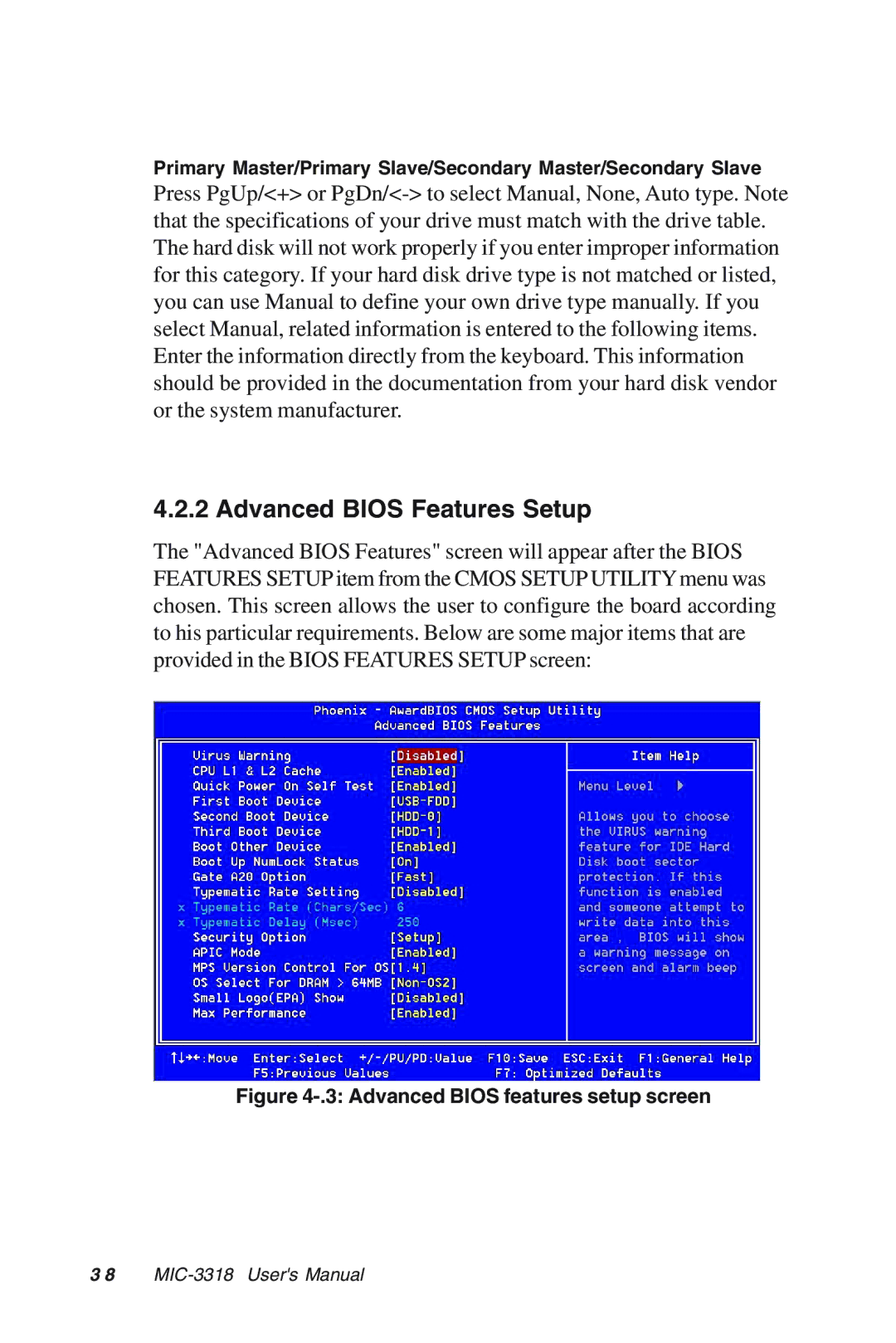 Advantech MIC-3318 manual Advanced Bios Features Setup, Advanced Bios features setup screen 