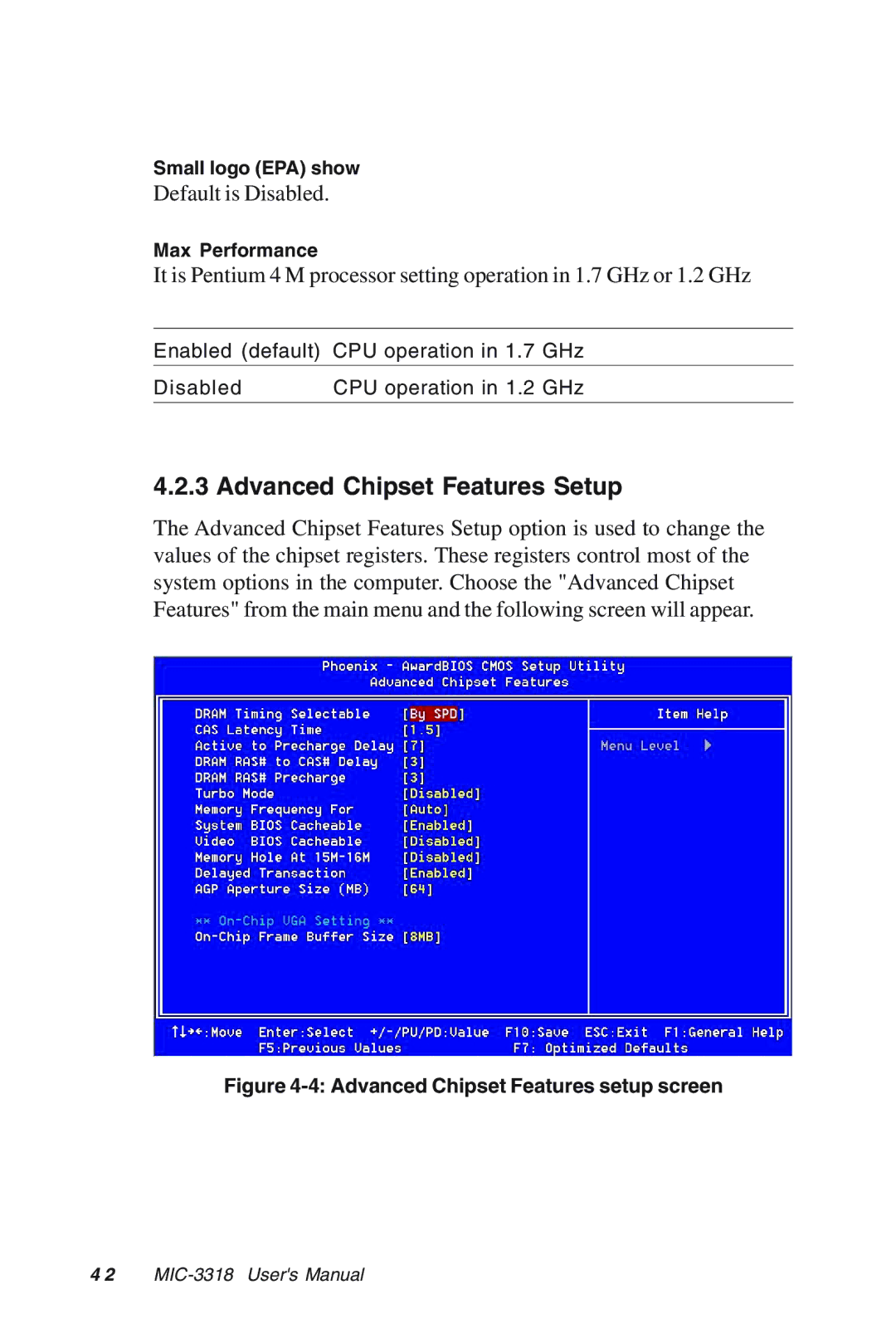 Advantech MIC-3318 manual Advanced Chipset Features Setup, Advanced Chipset Features setup screen 