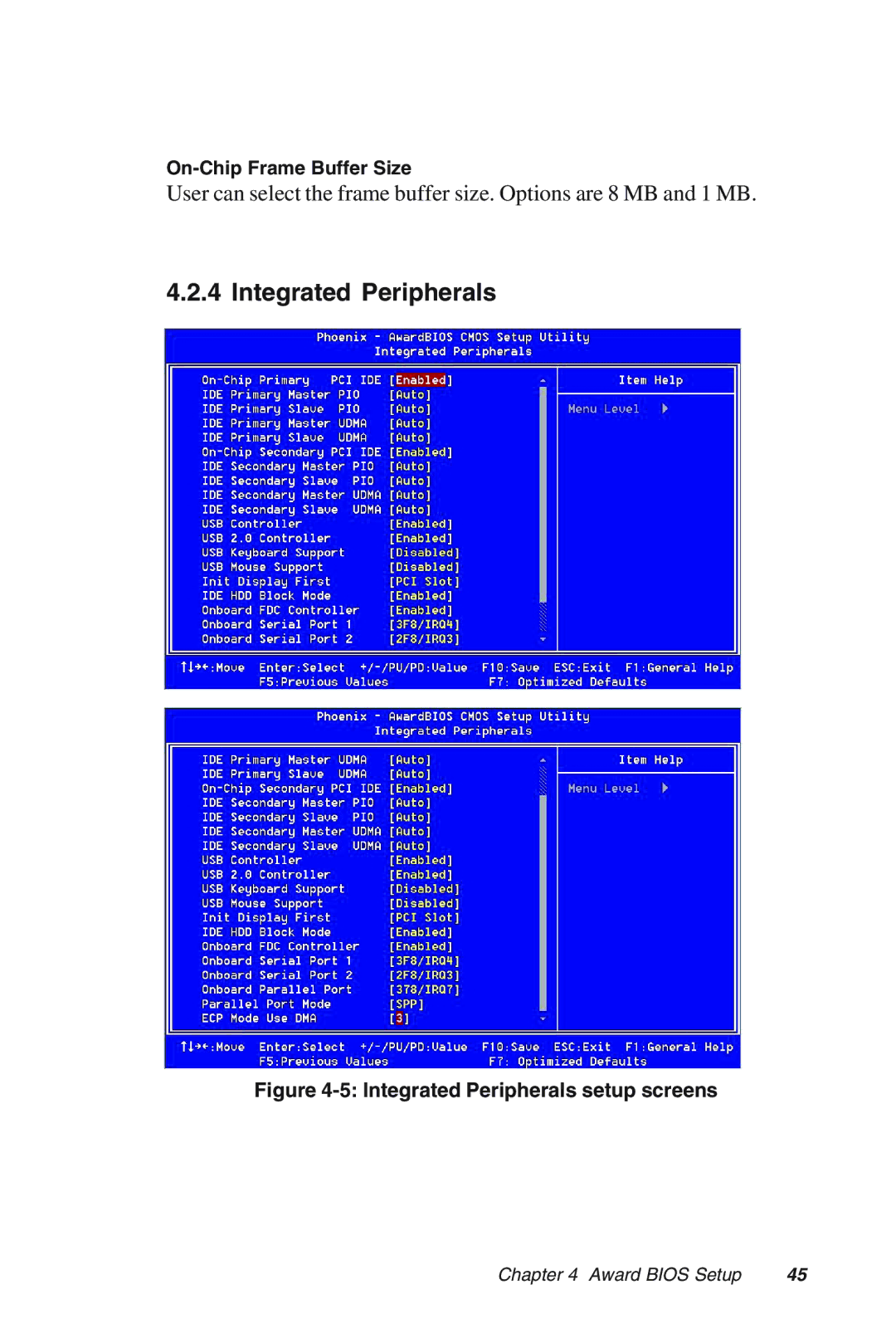 Advantech MIC-3318 manual Integrated Peripherals setup screens 