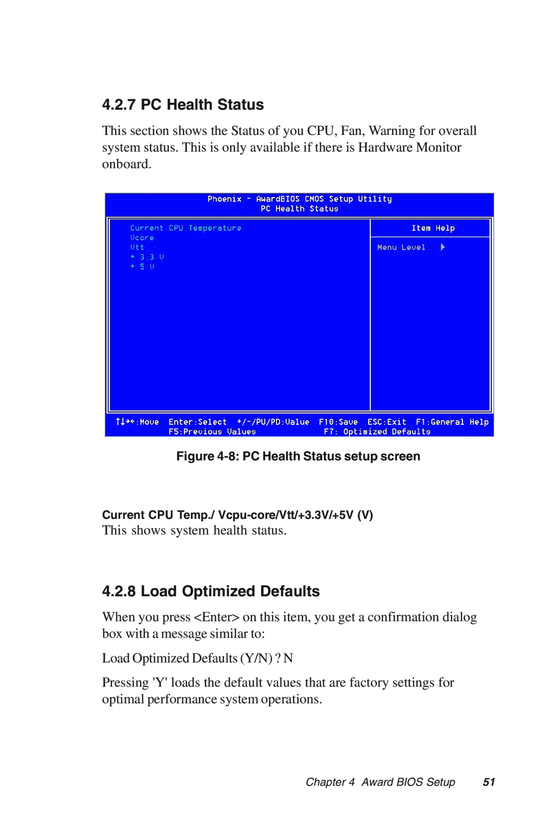 Advantech MIC-3318 manual PC Health Status, Load Optimized Defaults 