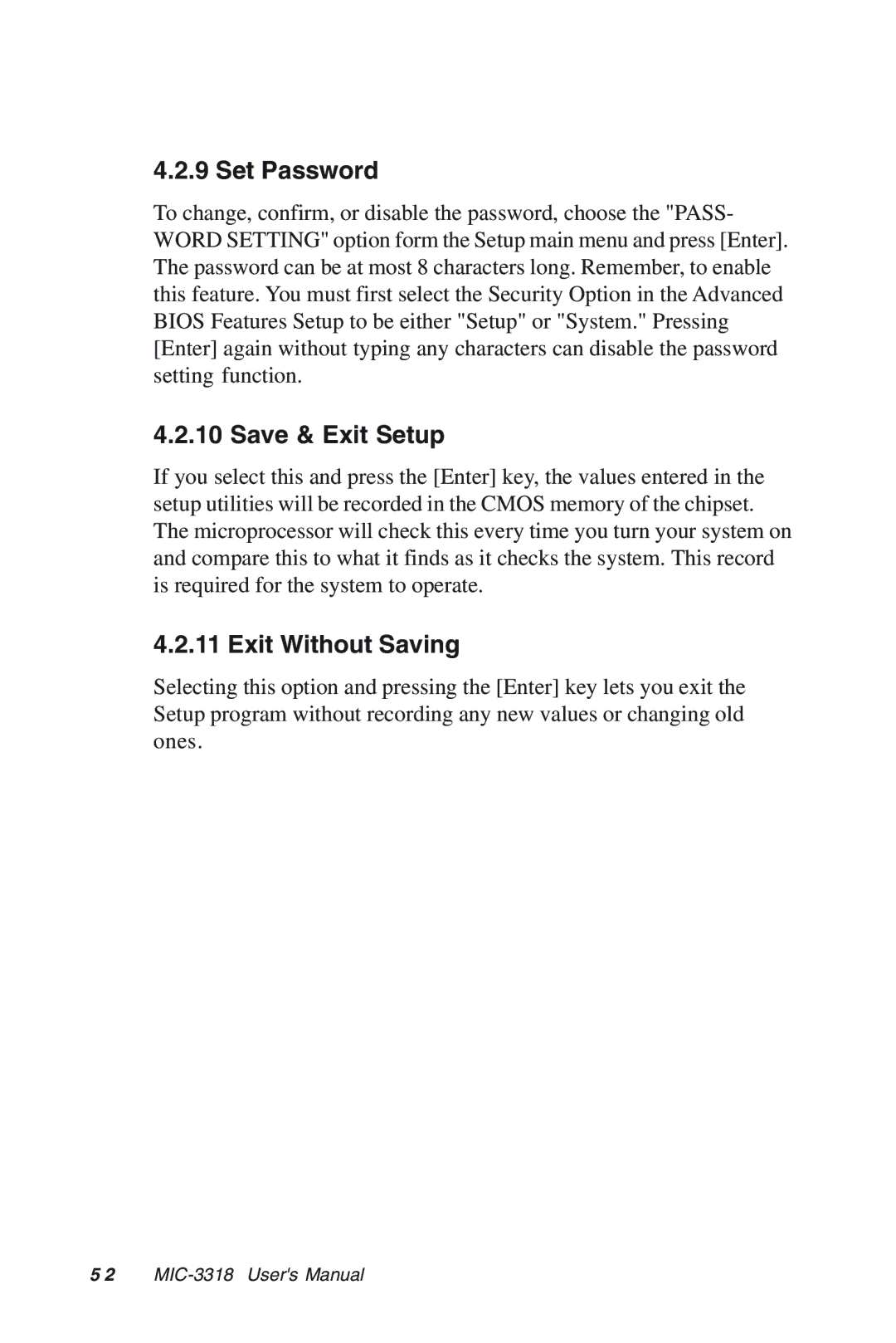 Advantech MIC-3318 manual Set Password, Save & Exit Setup, Exit Without Saving 