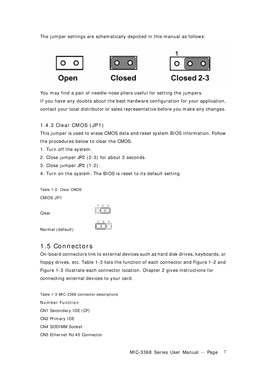Advantech MIC-3368 manual Connectors, Clear Cmos JP1 