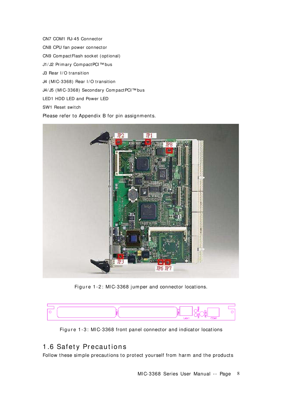 Advantech manual Safety Precautions, 2MIC-3368 jumper and connector locations 