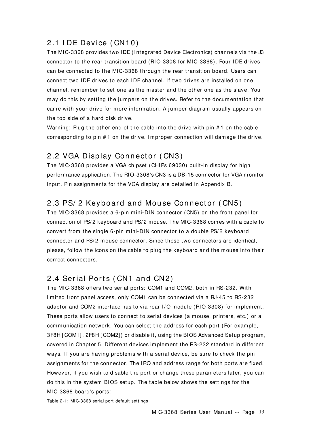 Advantech MIC-3368 manual IDE Device CN10, VGA Display Connector CN3, PS/2 Keyboard and Mouse Connector CN5 