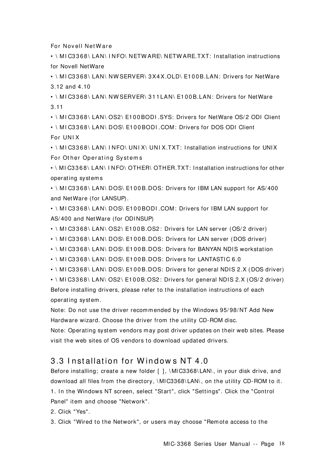 Advantech MIC-3368 manual Installation for Windows NT, For Unix, For Other Operating Systems 