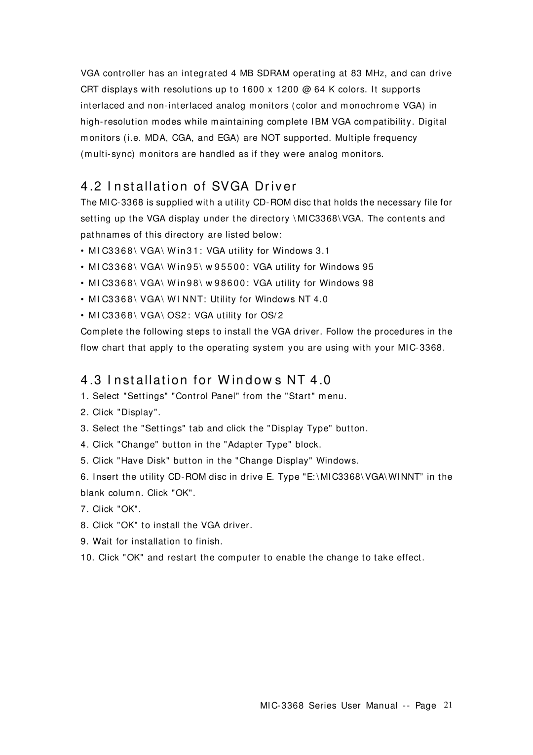 Advantech MIC-3368 manual Installation of Svga Driver, Installation for Windows NT 