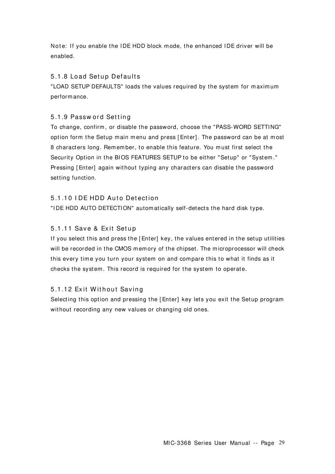Advantech MIC-3368 Load Setup Defaults, Password Setting, IDE HDD Auto Detection, Save & Exit Setup, Exit Without Saving 