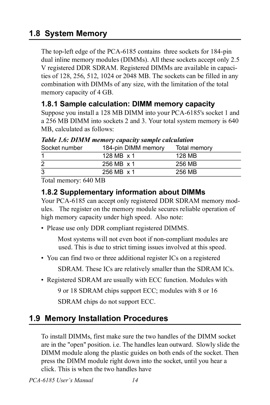 Advantech PCA-6185 user manual System Memory, Memory Installation Procedures, Sample calculation Dimm memory capacity 