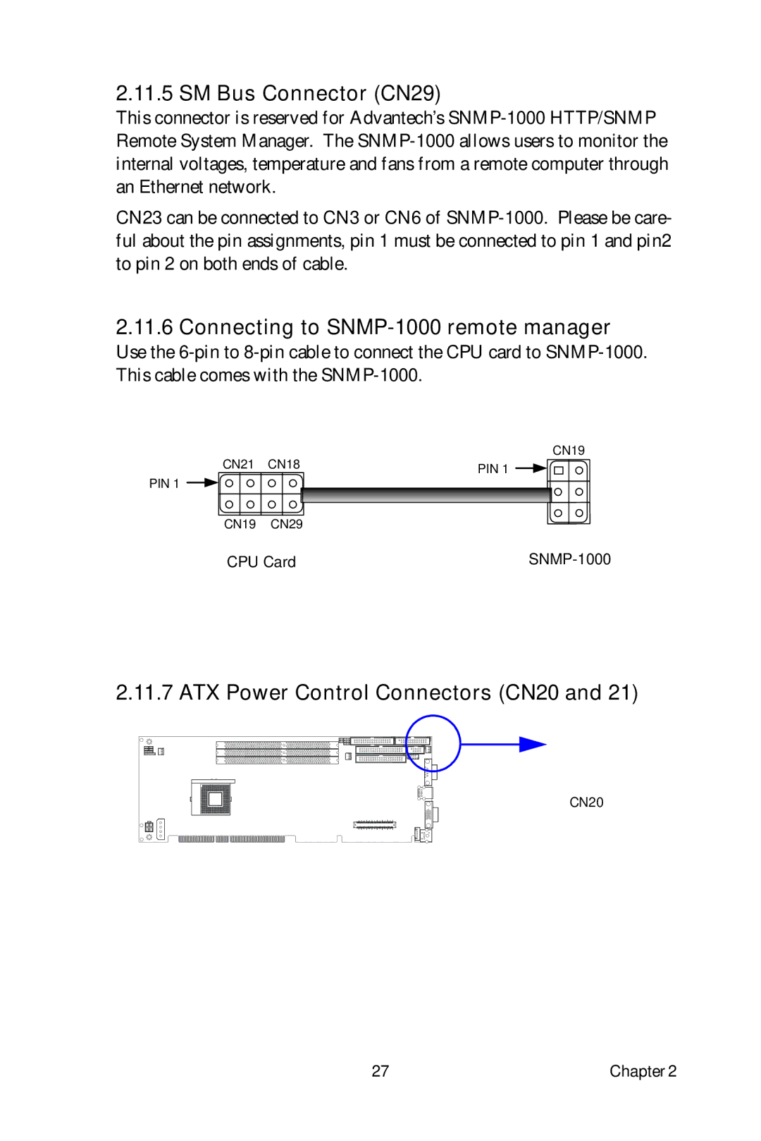 Advantech PCA-6185 SM Bus Connector CN29, Connecting to SNMP-1000 remote manager, ATX Power Control Connectors CN20 