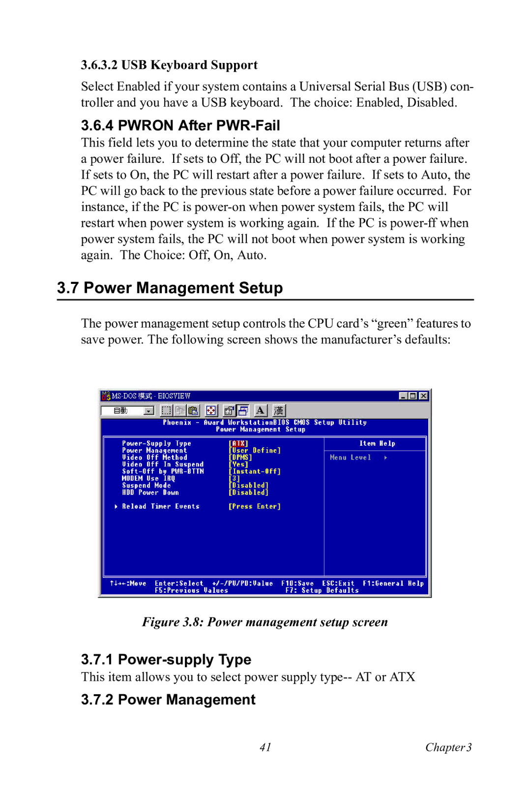 Advantech PCA-6185 user manual Power Management Setup, Pwron After PWR-Fail, Power-supply Type, USB Keyboard Support 