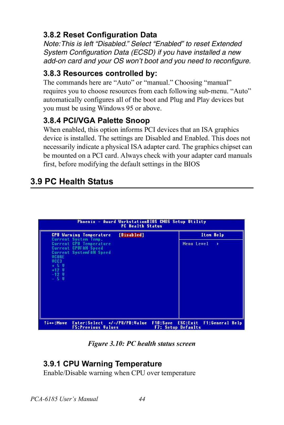 Advantech PCA-6185 user manual PC Health Status, Reset Configuration Data Resources controlled by, 4 PCI/VGA Palette Snoop 