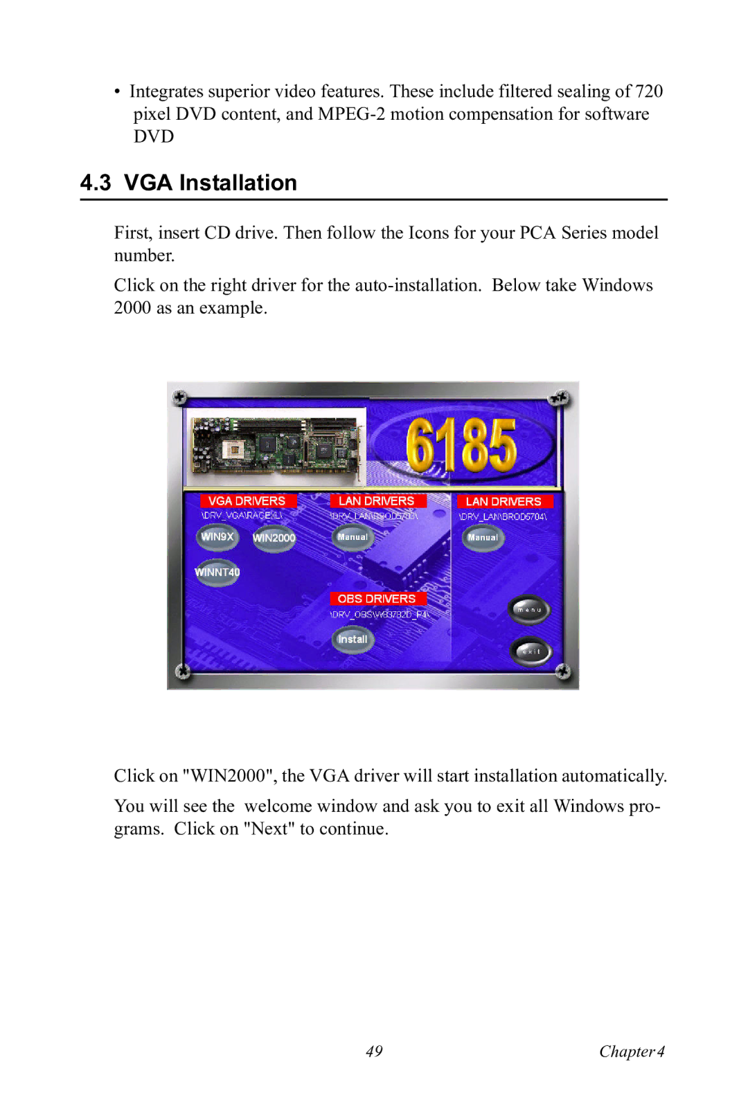 Advantech PCA-6185 user manual VGA Installation 