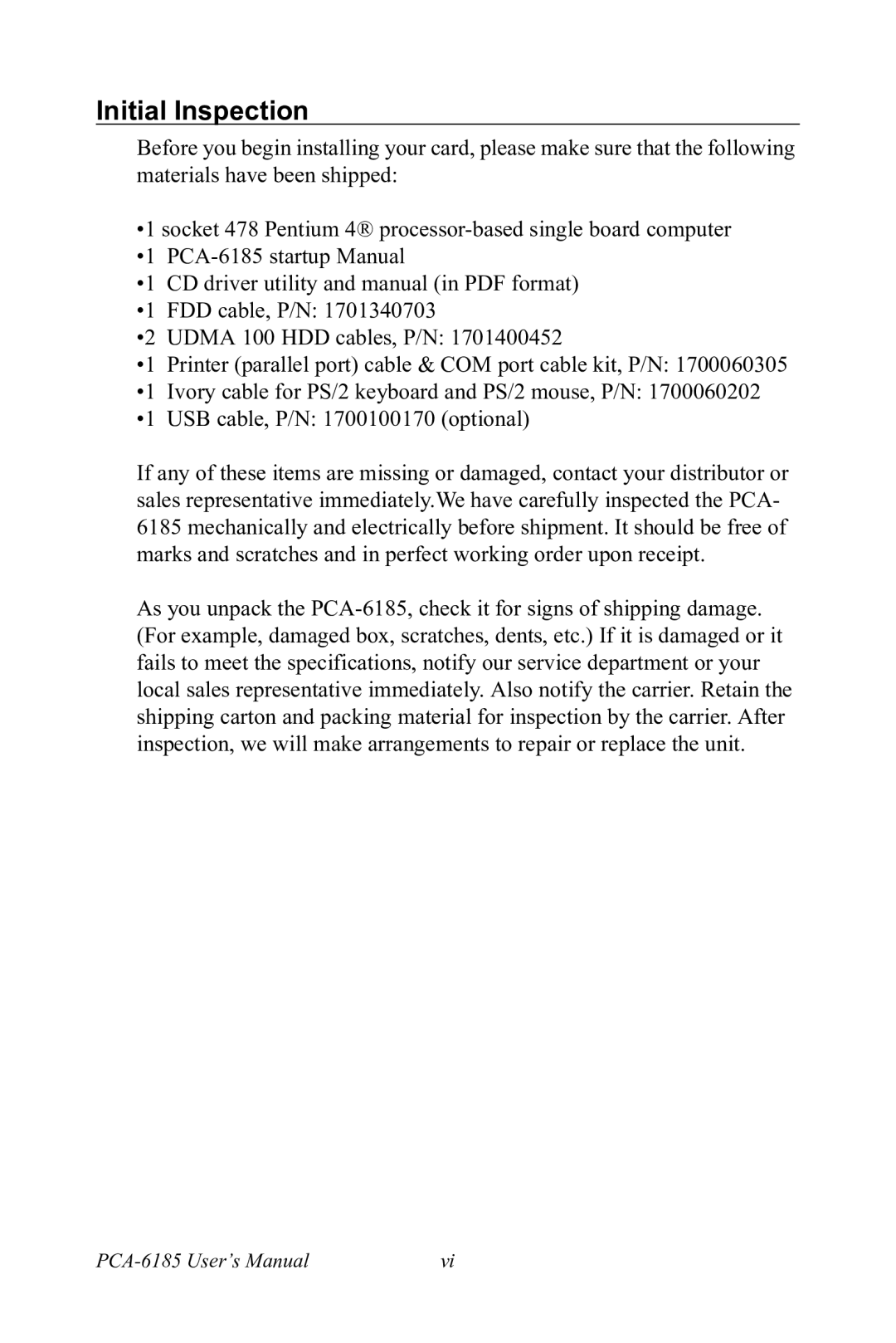 Advantech PCA-6185 user manual Initial Inspection 