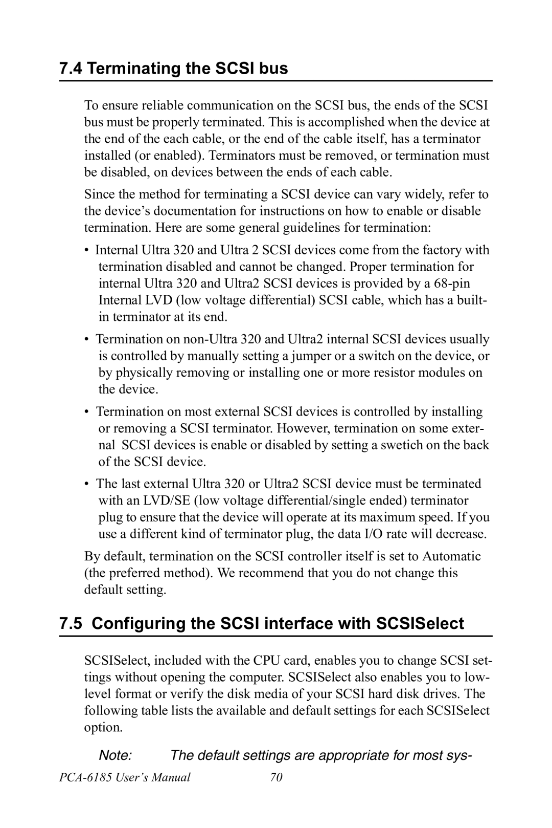 Advantech PCA-6185 user manual Terminating the Scsi bus, Configuring the Scsi interface with SCSISelect 