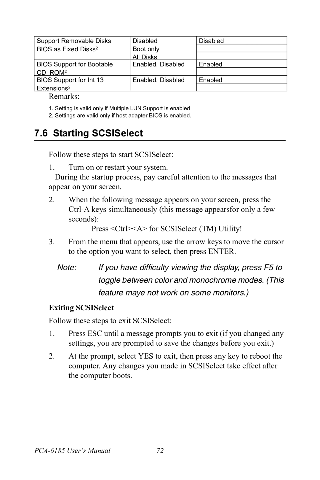 Advantech PCA-6185 user manual Starting SCSISelect, Exiting SCSISelect 