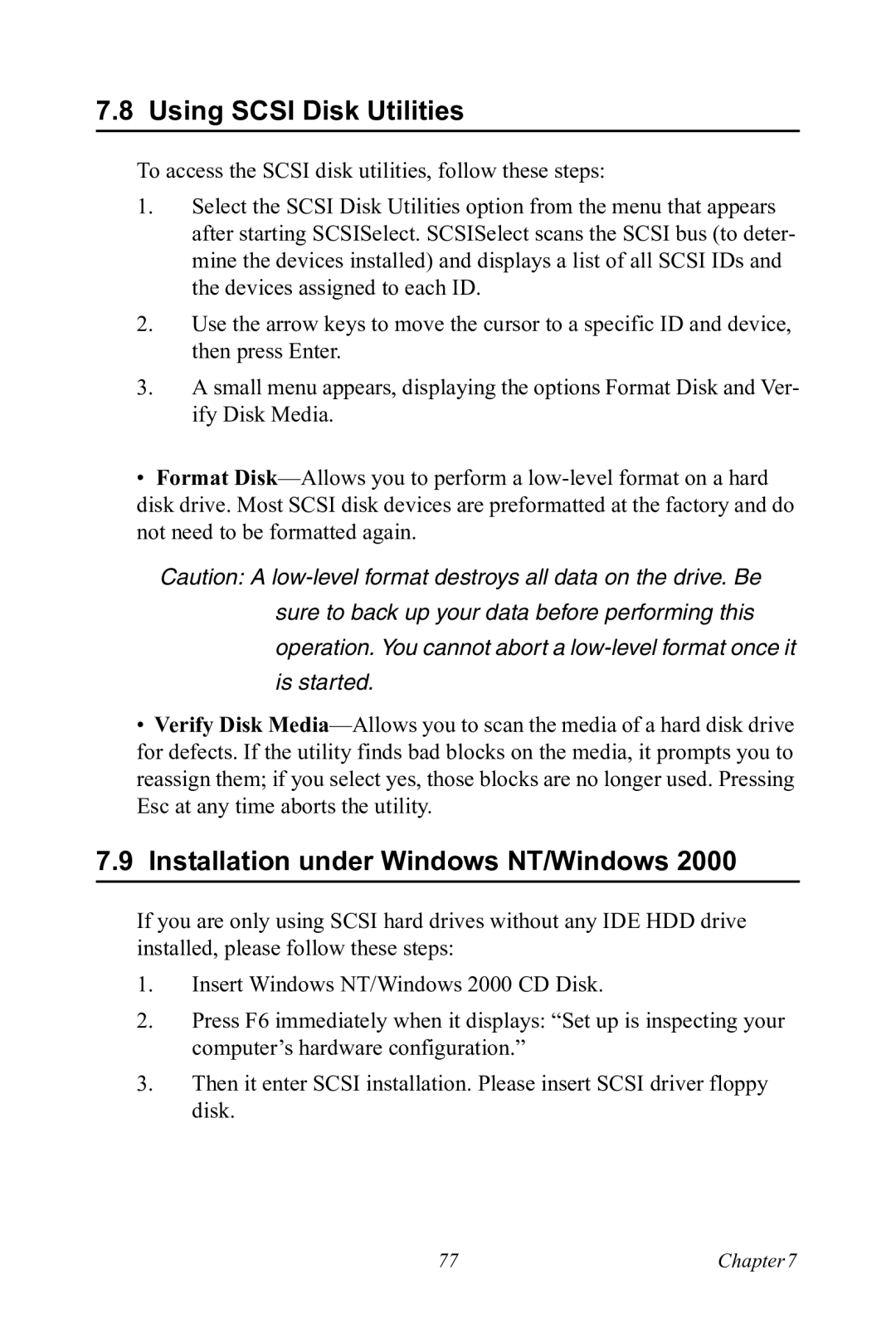 Advantech PCA-6185 user manual Using Scsi Disk Utilities, Installation under Windows NT/Windows 