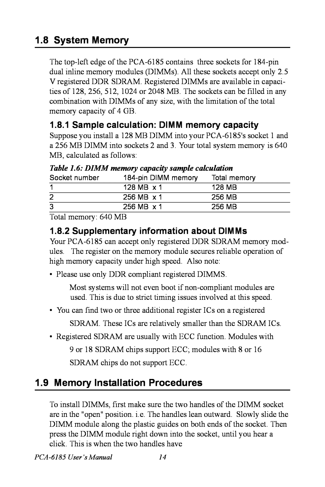 Advantech PCA-6185 user manual System Memory, Memory Installation Procedures, Sample calculation DIMM memory capacity 
