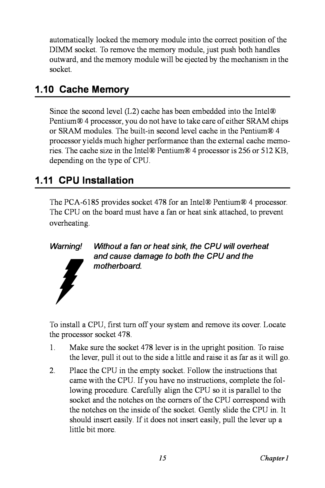 Advantech PCA-6185 user manual Cache Memory, CPU Installation 