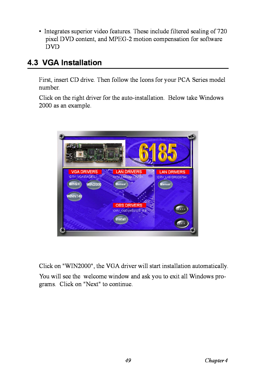Advantech PCA-6185 user manual VGA Installation 