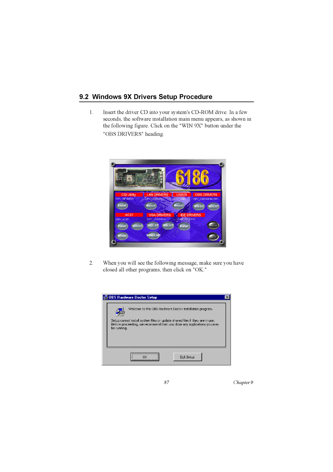 Advantech PCA-6186 user manual Windows 9X Drivers Setup Procedure 