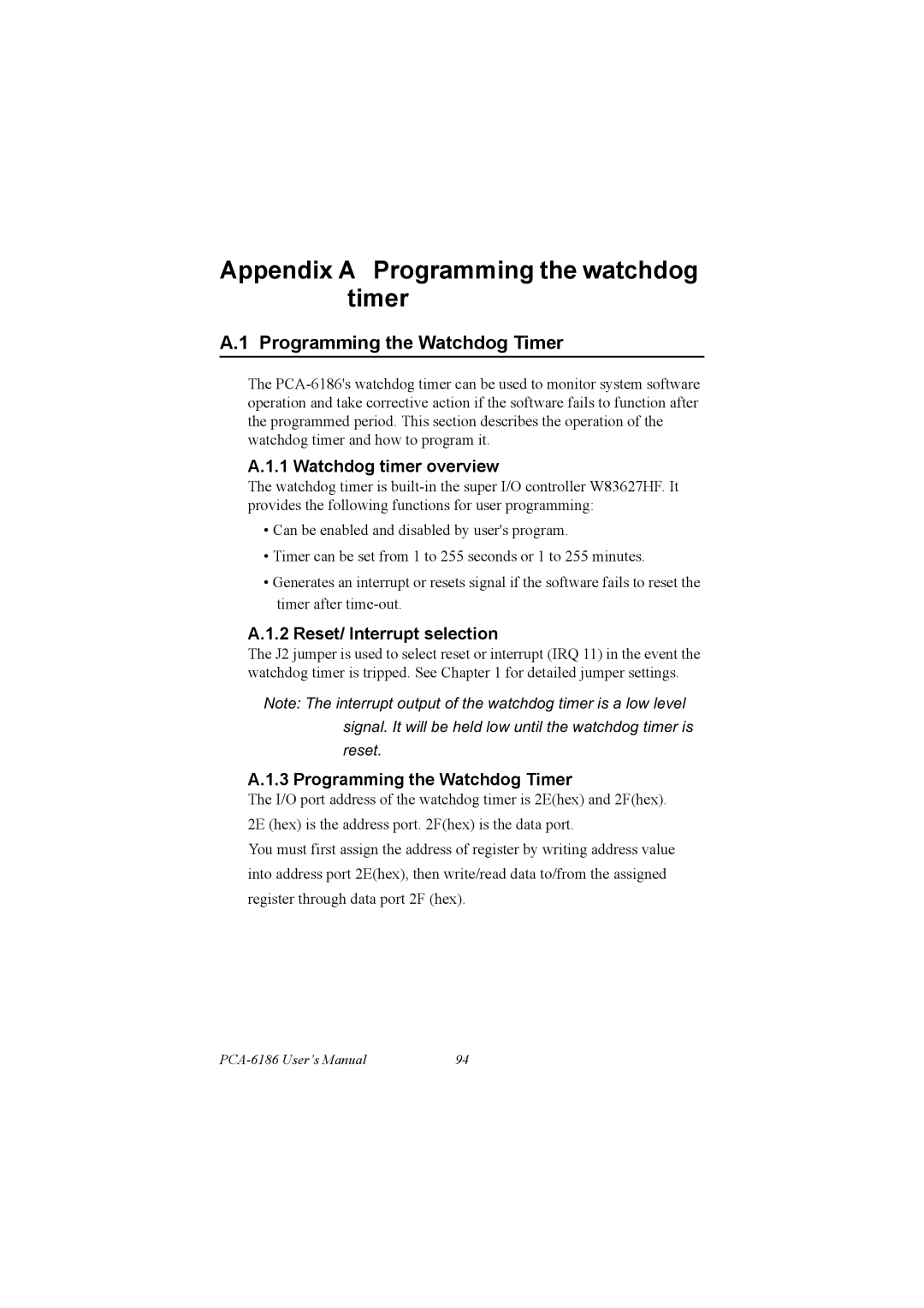 Advantech PCA-6186 Appendix a Programming the watchdog timer, Programming the Watchdog Timer, Watchdog timer overview 