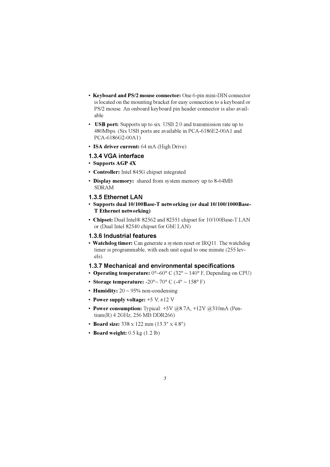 Advantech PCA-6186 VGA interface, Ethernet LAN, Industrial features, Mechanical and environmental specifications 