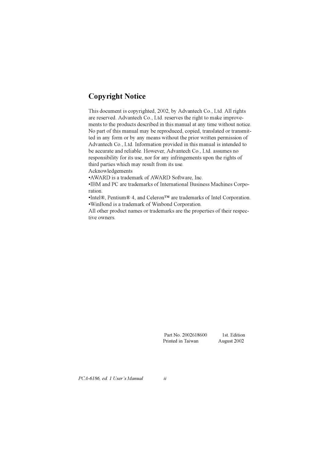 Advantech PCA-6186 user manual Copyright Notice 