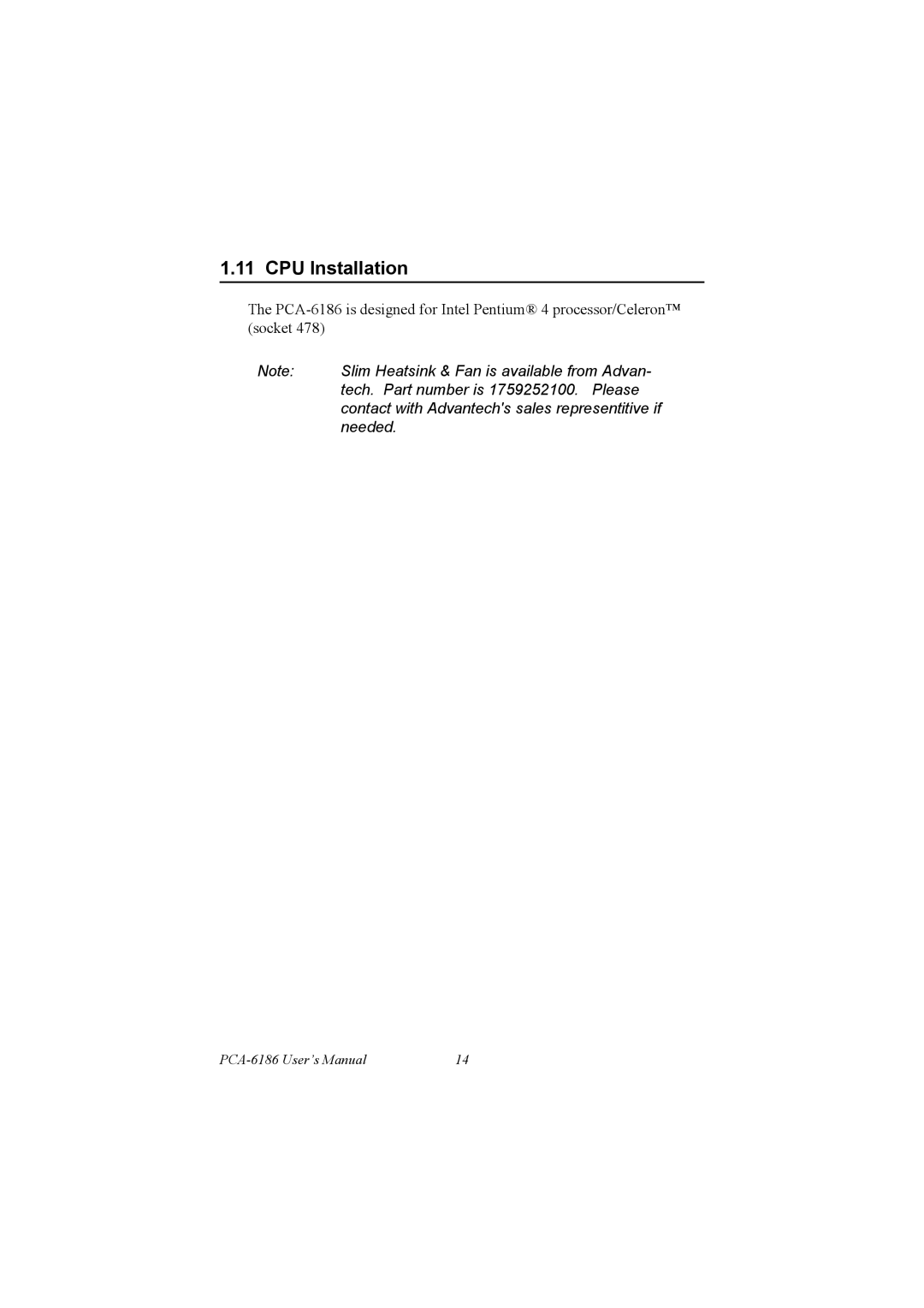 Advantech PCA-6186 user manual CPU Installation 