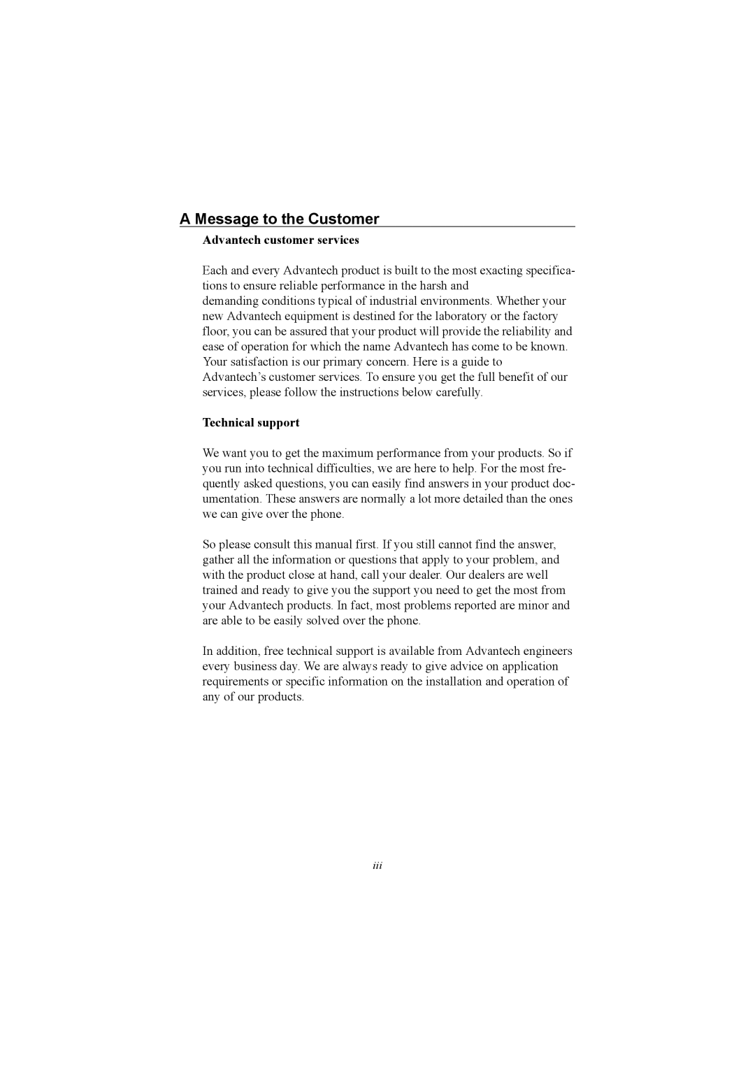 Advantech PCA-6186 user manual Message to the Customer, Advantech customer services 