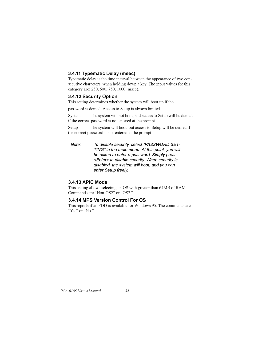 Advantech PCA-6186 user manual Typematic Delay msec, Security Option, Apic Mode, MPS Version Control For OS 