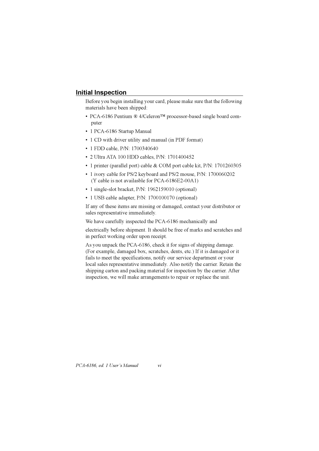 Advantech PCA-6186 user manual Initial Inspection 