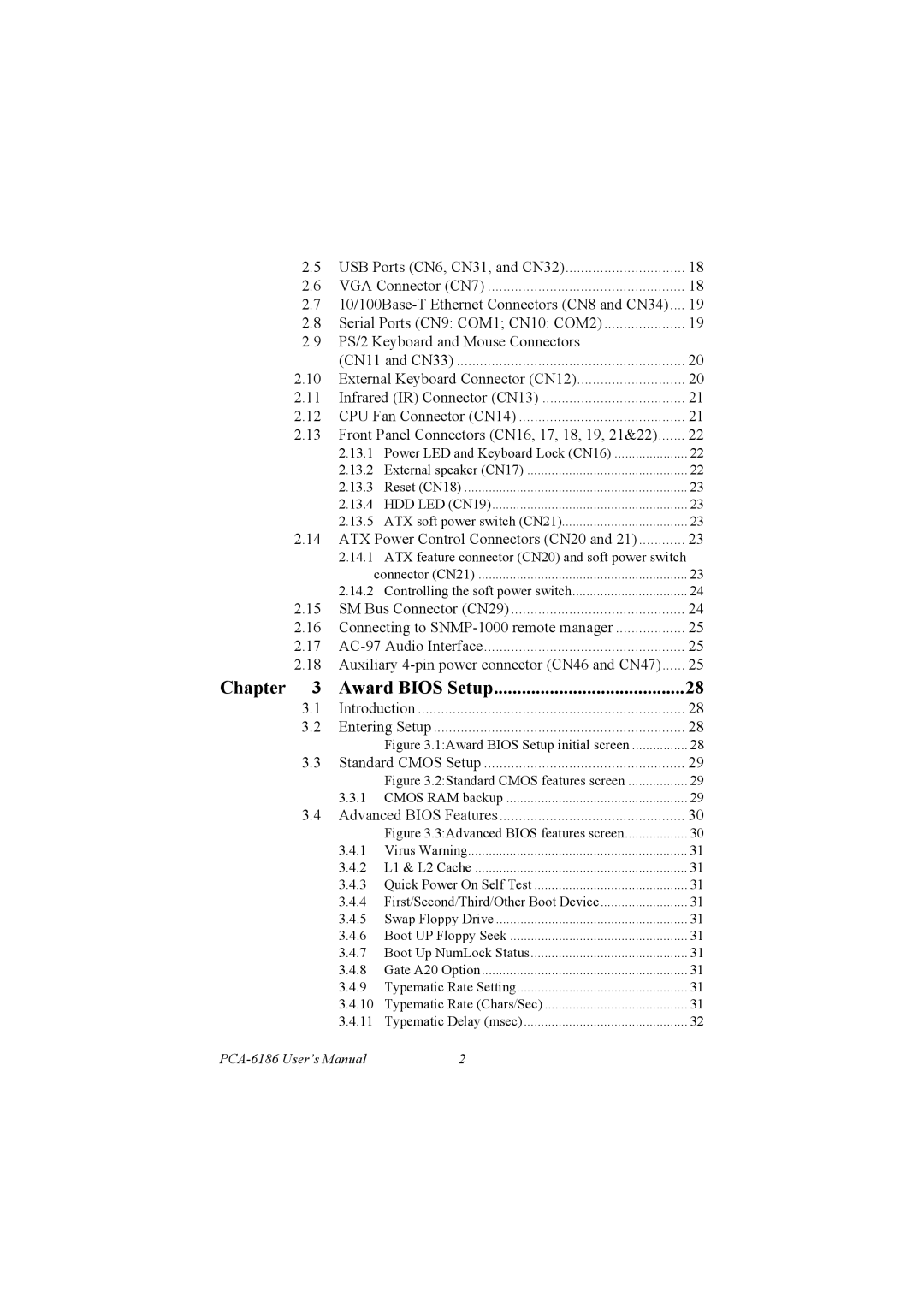 Advantech PCA-6186 user manual Chapter Award Bios Setup 