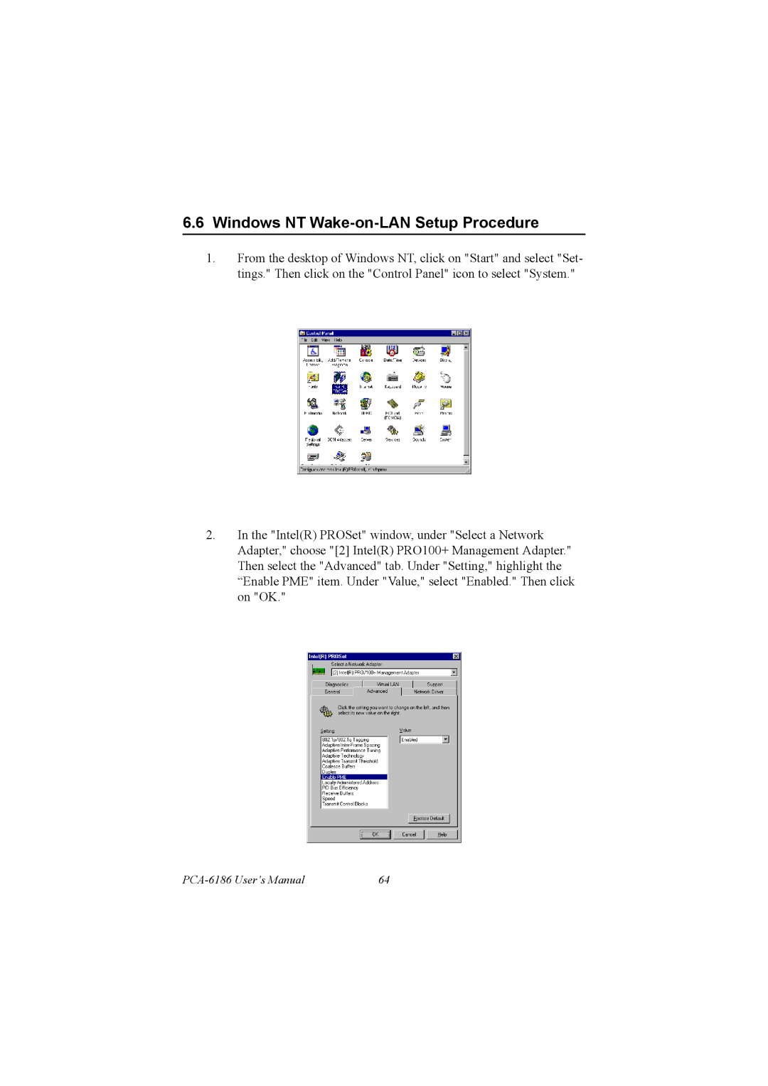 Advantech PCA-6186 user manual Windows NT Wake-on-LAN Setup Procedure 