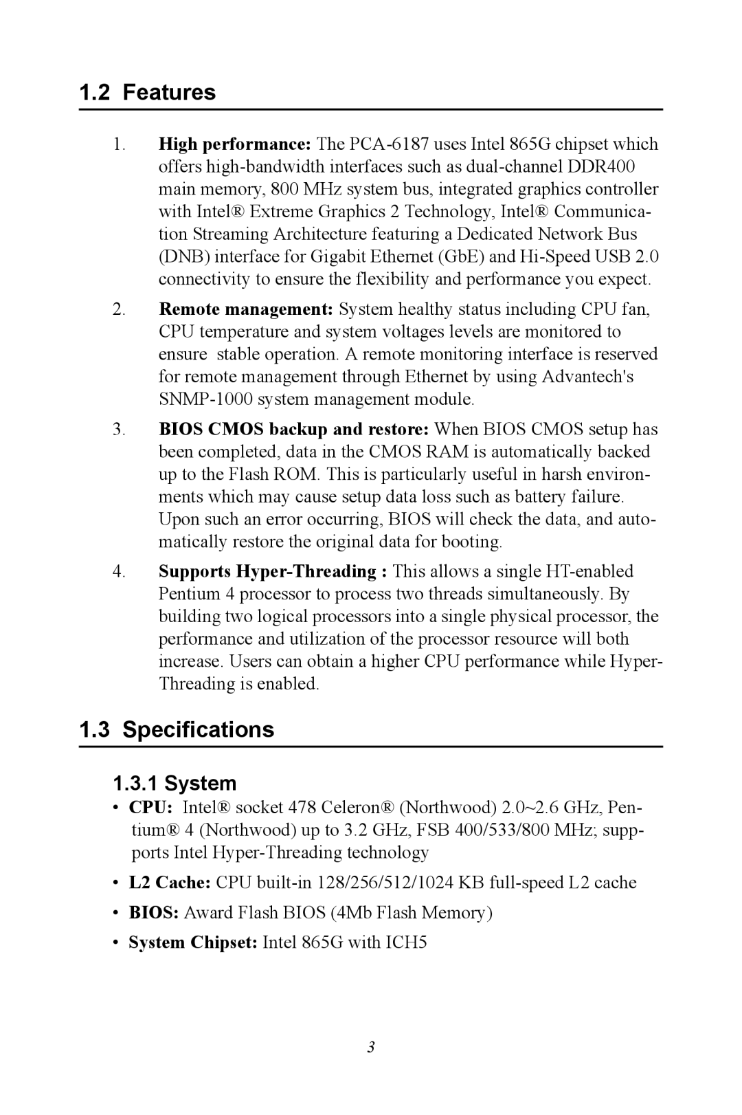 Advantech PCA-6187 user manual Features, Specifications, System 