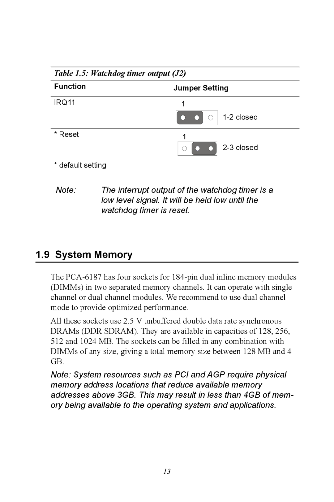 Advantech PCA-6187 user manual System Memory, Watchdog timer output J2 