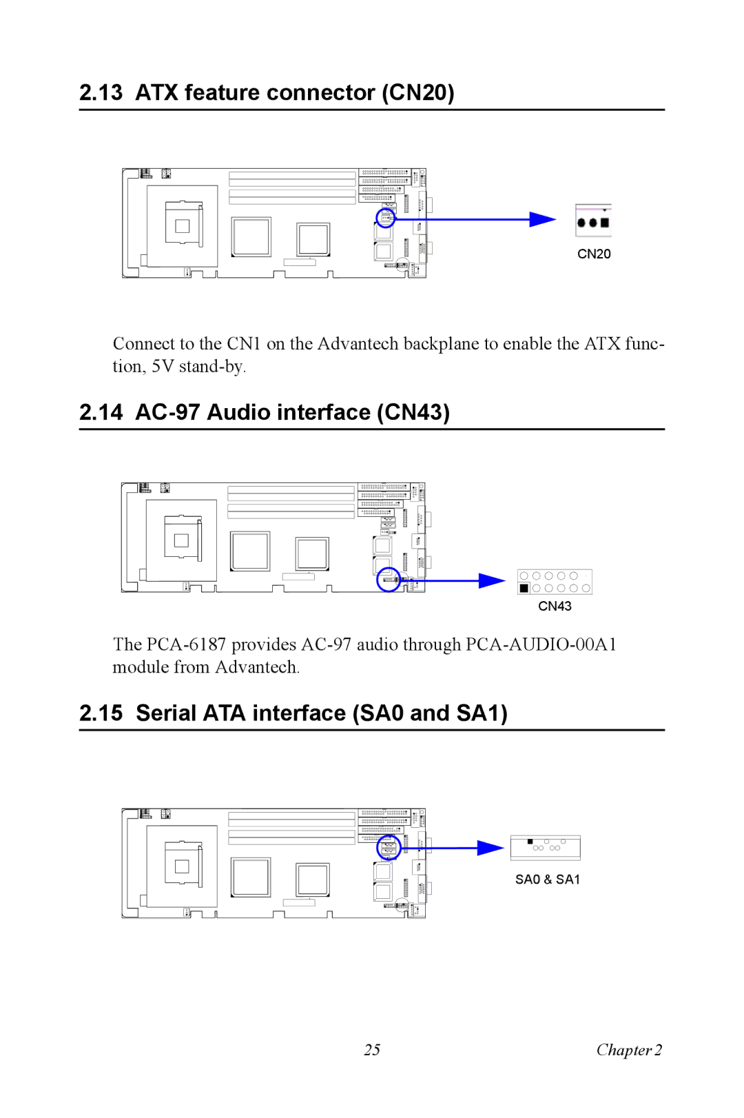 Advantech PCA-6187 user manual ATX feature connector CN20, 14 AC-97 Audio interface CN43, Serial ATA interface SA0 and SA1 