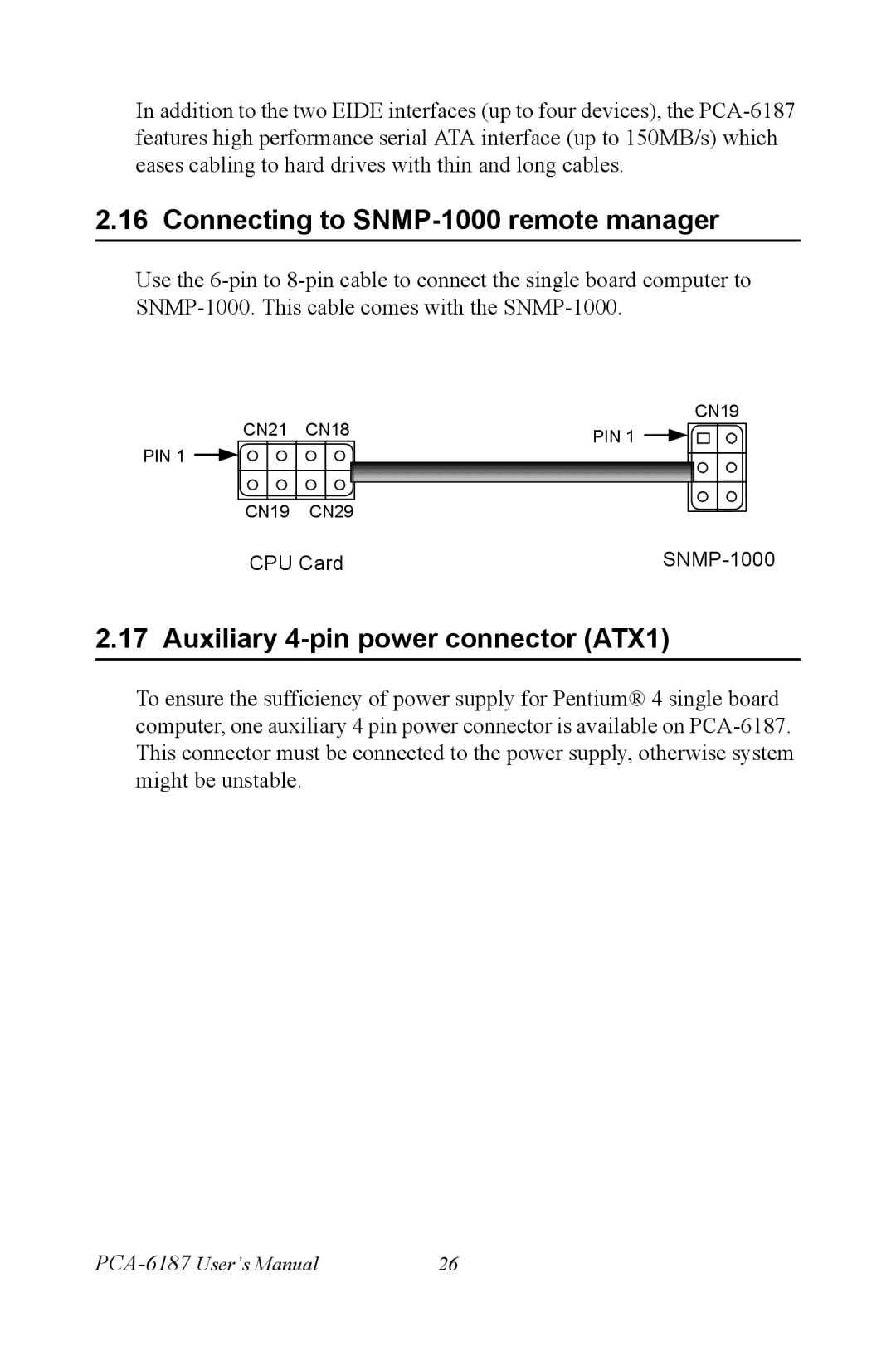 Advantech PCA-6187 user manual Connecting to SNMP-1000 remote manager, Auxiliary 4-pin power connector ATX1 