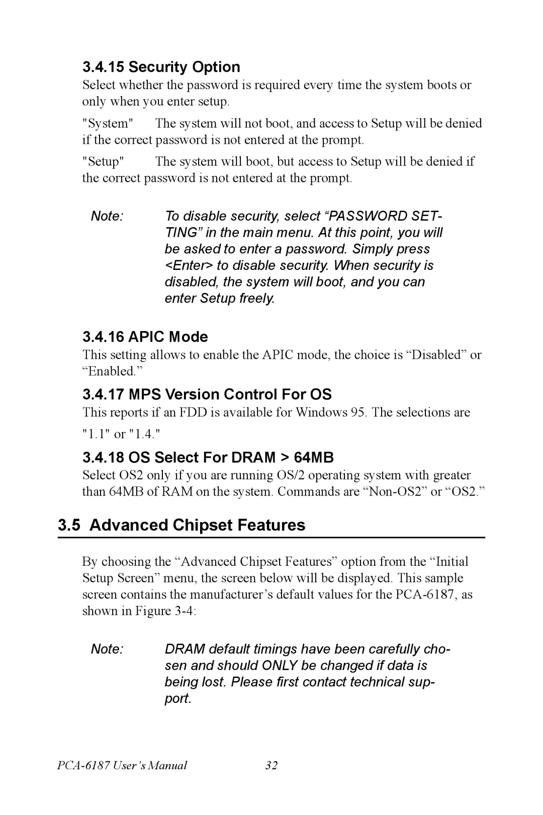 Advantech PCA-6187 user manual Advanced Chipset Features, Security Option, Apic Mode, MPS Version Control For OS 