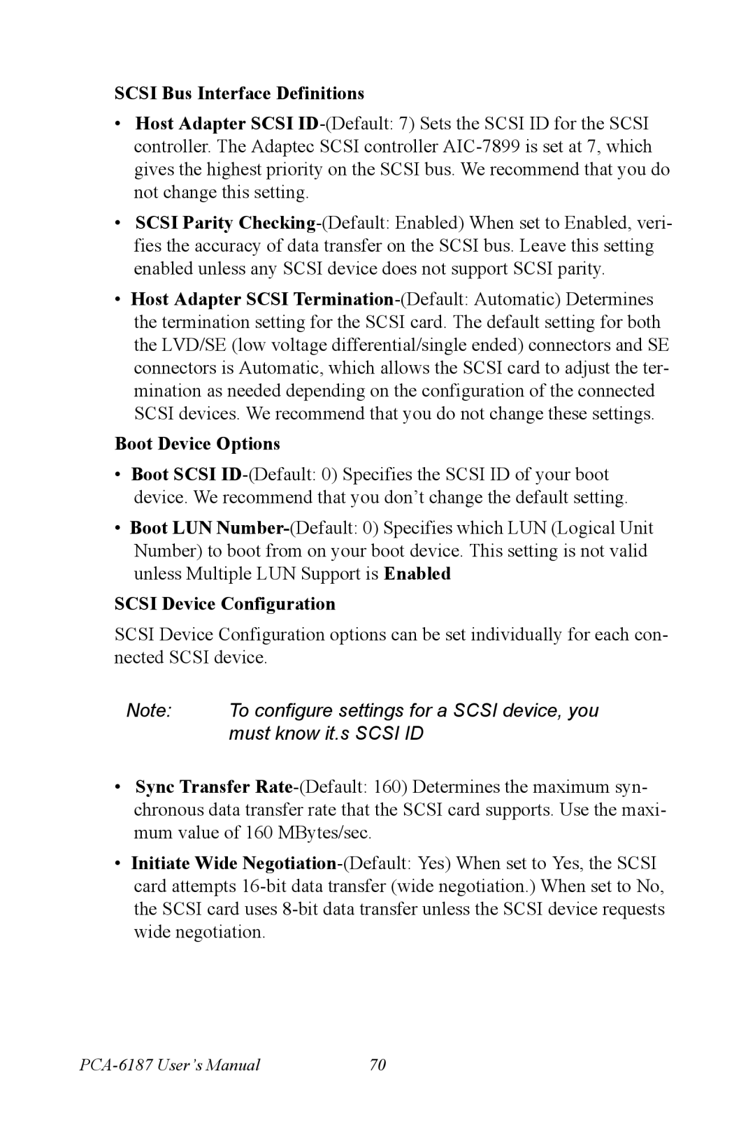Advantech PCA-6187 user manual Scsi Bus Interface Definitions 