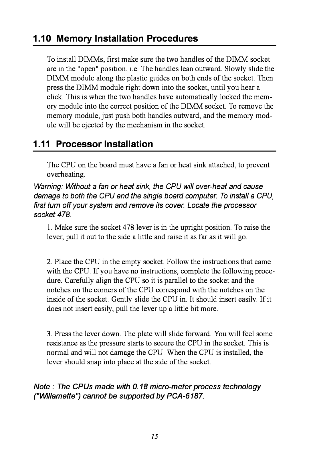 Advantech PCA-6187 user manual Memory Installation Procedures, Processor Installation 