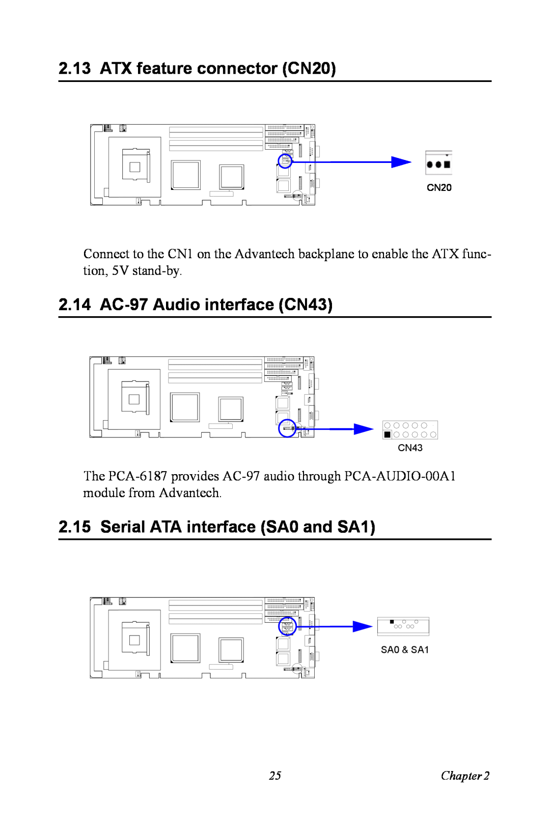 Advantech PCA-6187 ATX feature connector CN20, 2.14 AC-97 Audio interface CN43, Serial ATA interface SA0 and SA1 