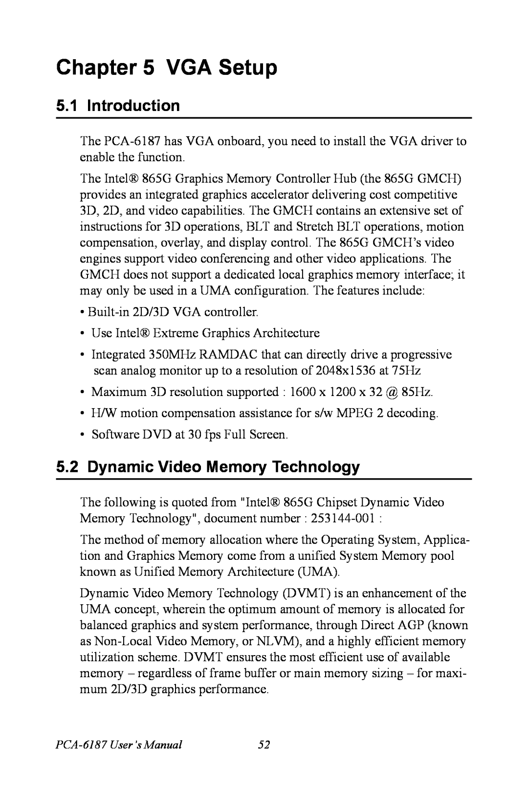 Advantech PCA-6187 user manual VGA Setup, Introduction, Dynamic Video Memory Technology 
