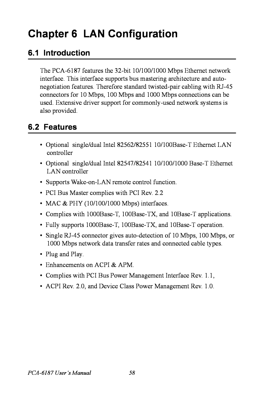 Advantech PCA-6187 user manual LAN Configuration, Introduction, Features 