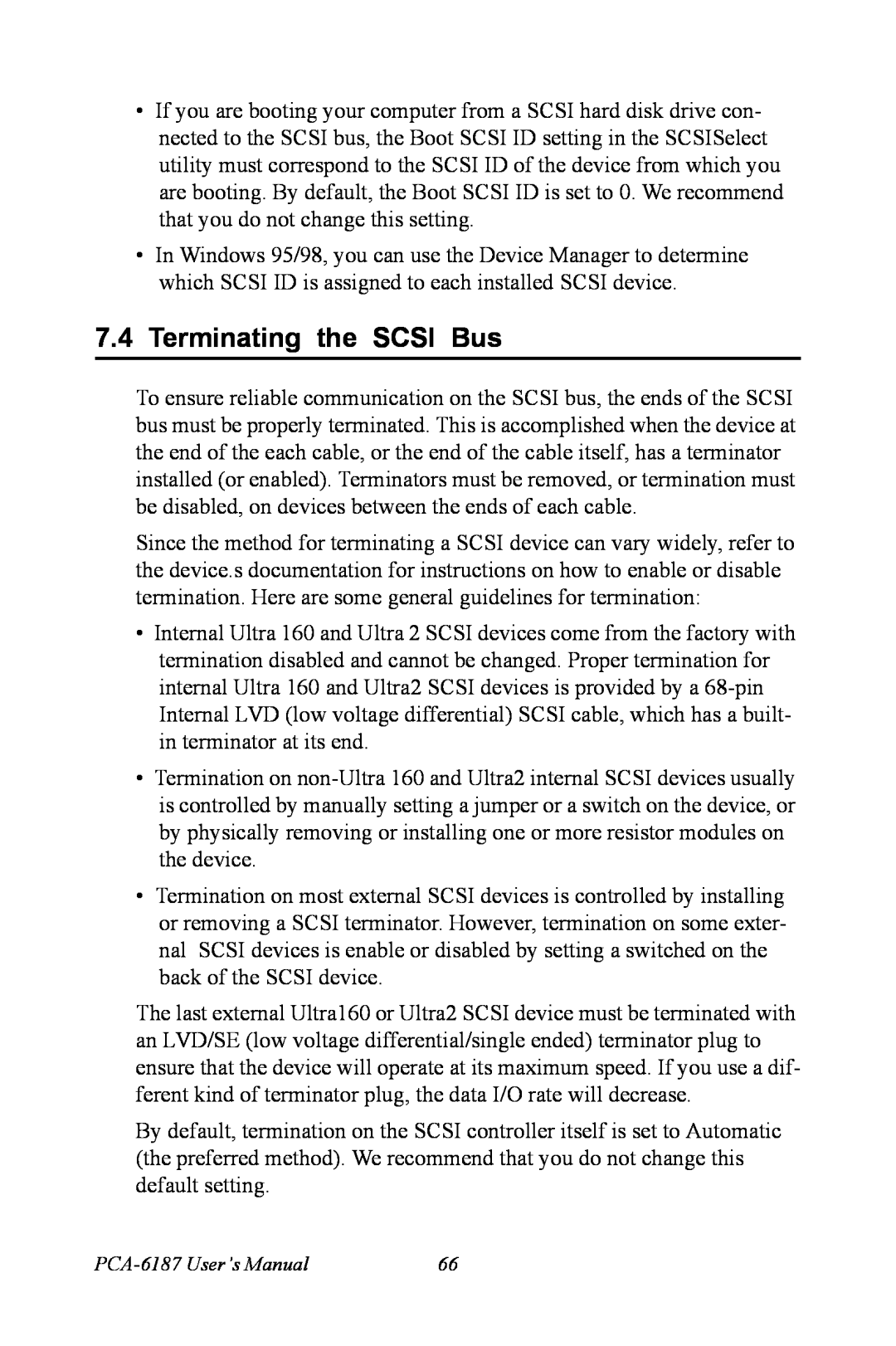 Advantech PCA-6187 user manual Terminating the SCSI Bus 