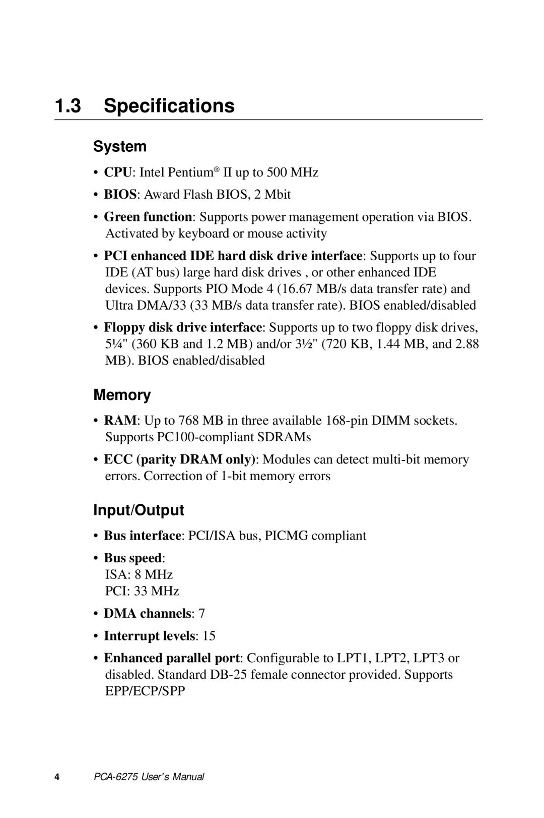 Advantech PCA-6275 manual Specifications, System, Memory, Input/Output 