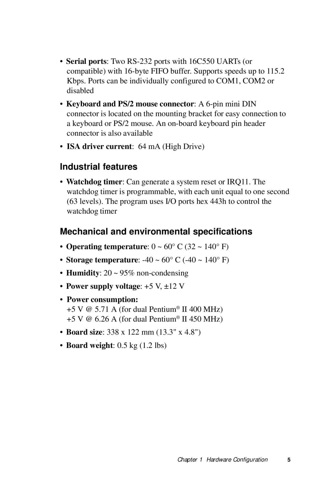 Advantech PCA-6275 manual Industrial features, Mechanical and environmental specifications 