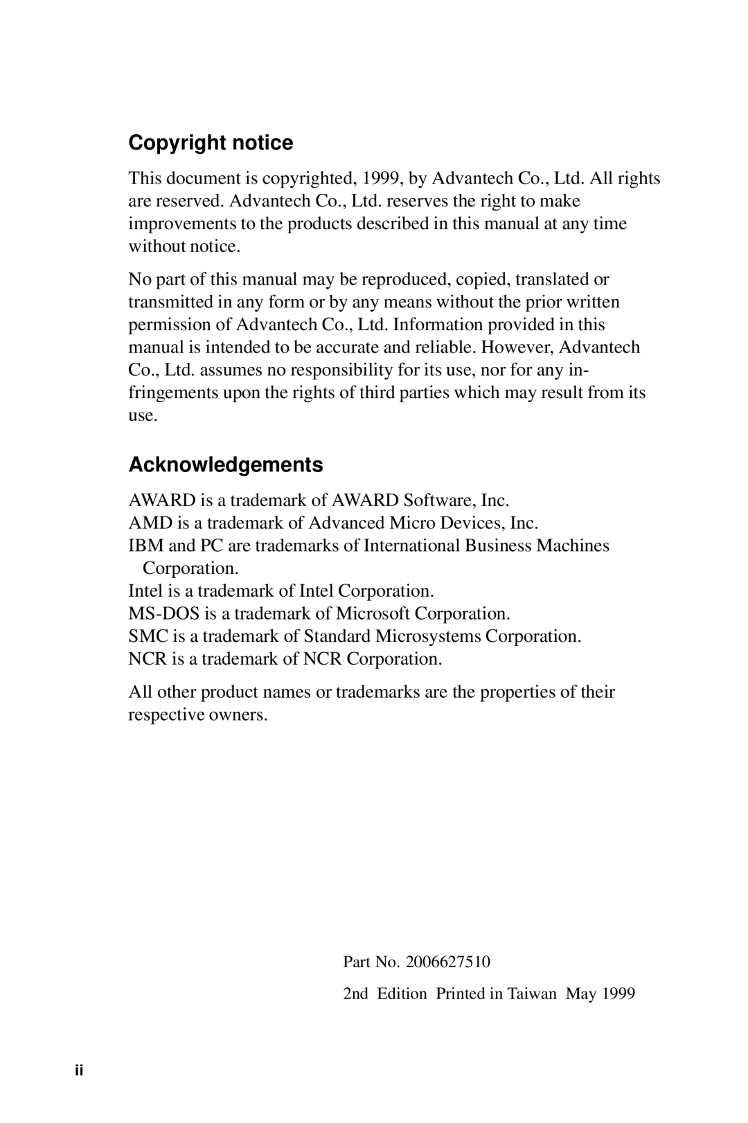 Advantech PCA-6275 manual Copyright notice Acknowledgements 