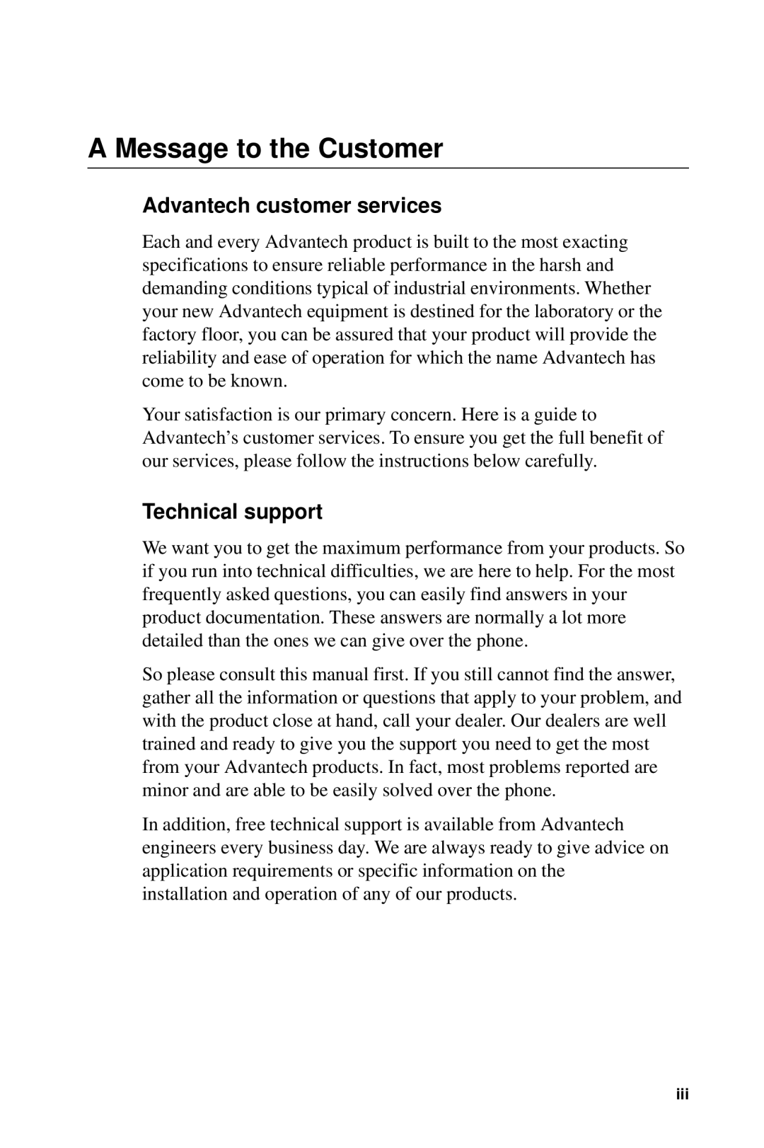 Advantech PCA-6275 manual Message to the Customer, Advantech customer services, Technical support 