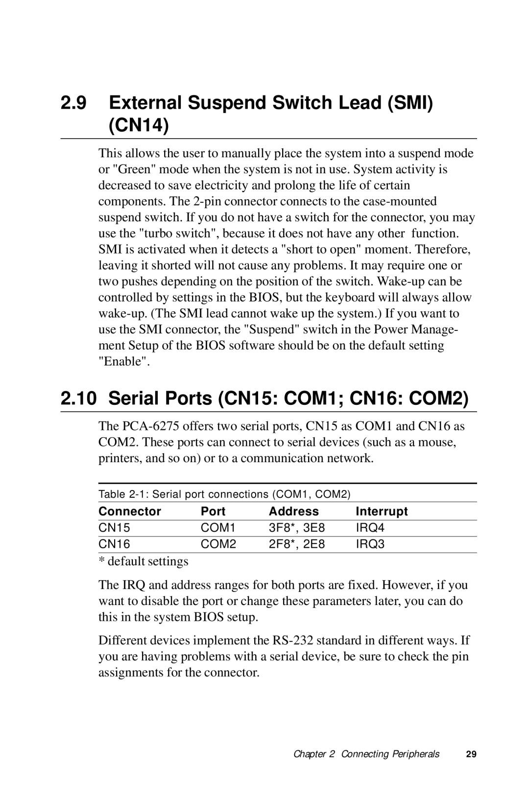 Advantech PCA-6275 manual External Suspend Switch Lead SMI CN14, Serial Ports CN15 COM1 CN16 COM2 